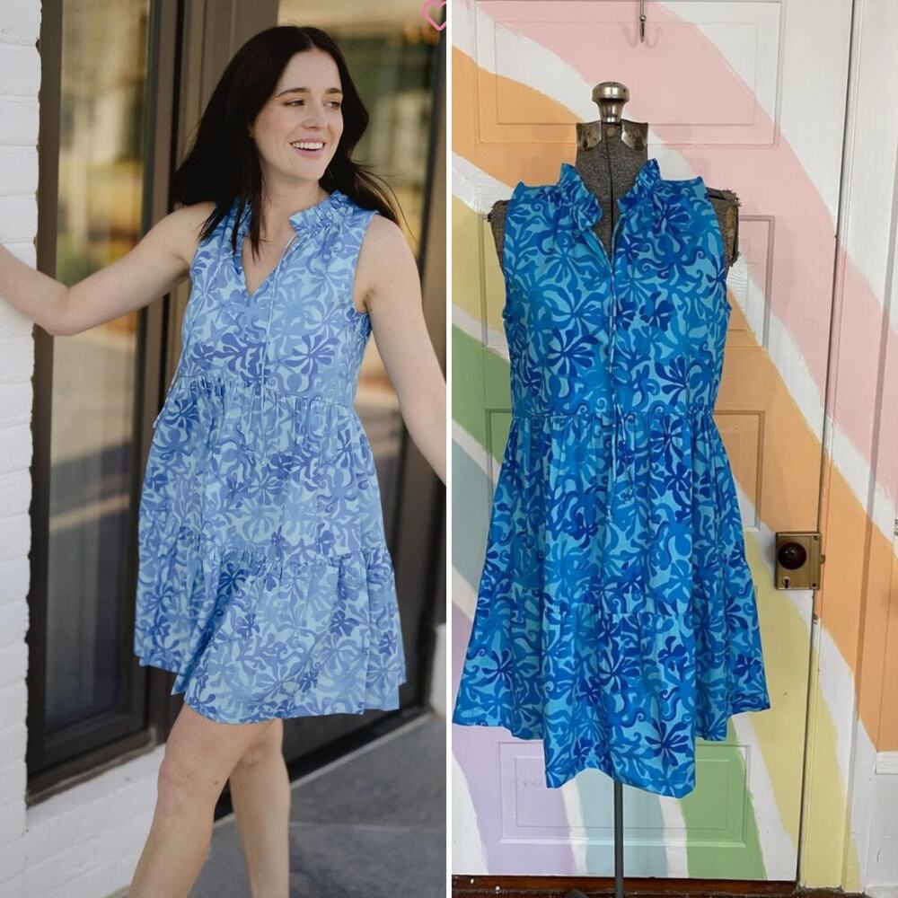 ✨Briton Court Marlow Blue Tiered Sundress Ruffle Neck Resort Dress